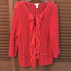 < NWT Chico’s Open Knit Red Sweater With Ribbon Trim…L